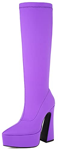 Cocey Stivali lunghi da motociclista alla moda da donna con tacco alto Chunky e slip-on al ginocchio stivali alti, Viola 3, 34 EU
