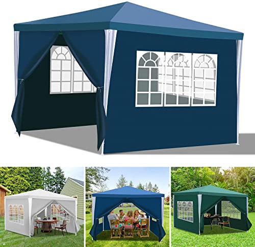 Joparri Pavillon Wasserdicht mit 4 Seitenteilen und Fenstern Blau Gartenzelt Partyzelt UV-Schutz Stabil Winterfest Gartenpavillon für Freien, Garten, Party, Hochzeit, Marktstand, 3x3m