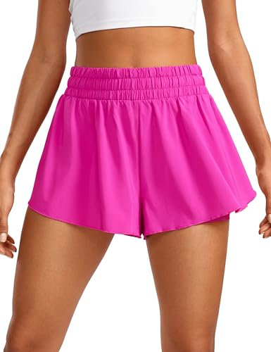 CRZ YOGA Damen 2 in 1 Laufhose Running Sport Shorts Schnelltrocknende Fitness Sporthose Leichte Gym Kurze Hose mit Tasche Hibiskus-Purpur 38