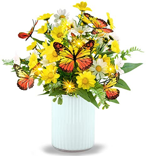 HOSY Artificial Daisy Bouquet in Glass Vase with Fairy Lights, Silk Flower and Butterfly Arrangements for Table Centerpiece Decoration (Daisy)