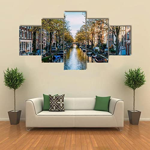 WAGYU Mit Rahmen Leinwandbild 5 TLG Kunstdruck,Bilder auf Leinwand 5 TLG Vlies Wandbild Hausboote am Amsterdamer Kanal,Leinwand Gemälde XXL,Tapete,Puzzle,leinwanddrucke,5 Stücke Bilder,125x60cm