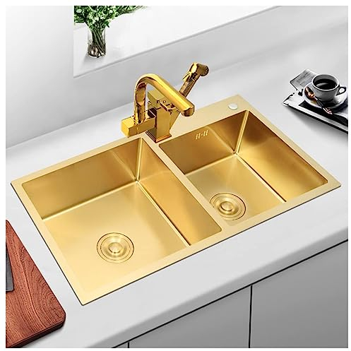 Fregadero De Barra De Cocina Dorado, Fregadero De Dos Tazones Empotrado/bajo Montaje, Fregadero Grande De Acero Inoxidable Para Estación De Trabajo De Granja