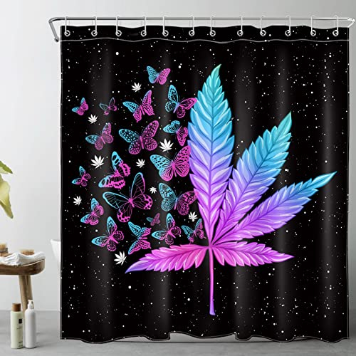 LB Lila Gras Duschvorhang 180x180cm Blauer Schmetterling Antischimmel Wasserdicht Badezimmer Vorhänge, Schwarz weißer Nachthimmel Polyester Stoff Bad Vorhang mit Haken