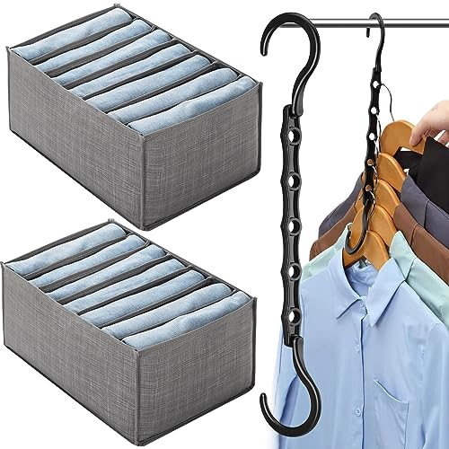BDSHUNBF 2 Stück Kleiderschrank Organizer, mit Kleiderbügelhaken, 7 Fächer Faltbare Schrank Organizer Kleiderschrank, Ordnungssystem Kleiderschrank, Schubladen Organizer für Kleidung, Jean, Pullover