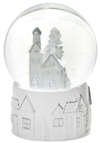 dekorative nostalgische Schneekugel mit weiß - silbernen Häuschen und Glitzerschnee