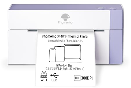 Phomemo 344 WiFi Versandetiketten Drucker, DHL Etikettendrucker für Barcode Versandetiketten, 4x6 Shipping Label Printer Kompatibel mit Amazon, Etsy, Shopify, Royal Mail, DHL, FedEx, UPS, Lila