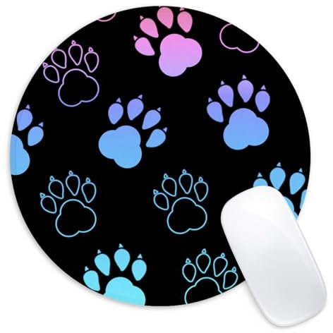 Adastrah Tapis de souris rond avec base en caoutchouc antidérapant, motif empreintes de pattes de chien, accessoires de bureau, 22,1 cm