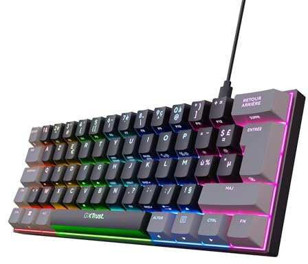 Trust Gaming GXT 867 Acira 60% Clavier Mécanique AZERTY Français, Touches à Double Fonction, Éclairage RGB, USB Compact Mini Clavier Gamer 60 Pourcent Programmable PC Portable - Noir/Gris