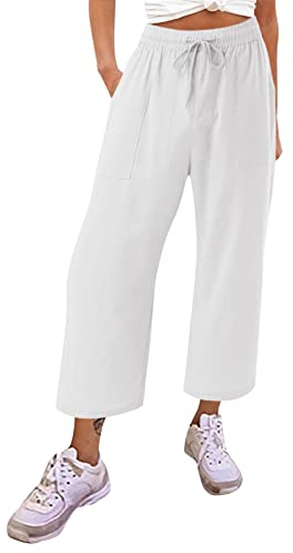 String Bikini Hose Damen Damenhose aus Baumwolle, Bequeme Arbeitshose mit Taschen, elastische Hose mit hoher Taille, Papiertüte und Kordelzug Tumblr Hose Sommer Damen (White, M)