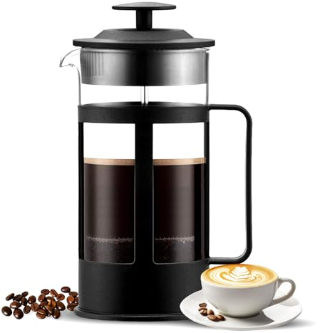 Generic OZZMM 1000ml Cafetiere 8 Cup French Press Coffee Maker, Coffee Press and Tea Maker with Triple Filters, Heat Resistant Borosilicate Glass Caffettiere with Steel Plunger, Black (Black, 1000)