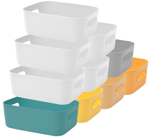AUAUY 10 Stück Aufbewahrungsboxen aus Kunststoff, Stapelbare Aufbewahrung Organizer Korb Boxen mit Griffen für Küche, Schrank, Büro, Bad, Spielzeug, Home Tidy Open Storage Bins mit Griffen