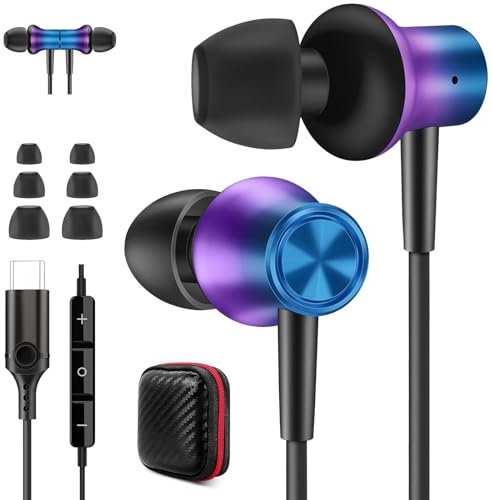 Jiunai USB C Earbuds for Samsung S24, Wired Headphone with USB C Plug in Ear Magnetic Stereo Remote Control Corded Type C Earphones for Samsung Galaxy S25 Ultra iPhone 16 16e iPad Pro Gradient Purple