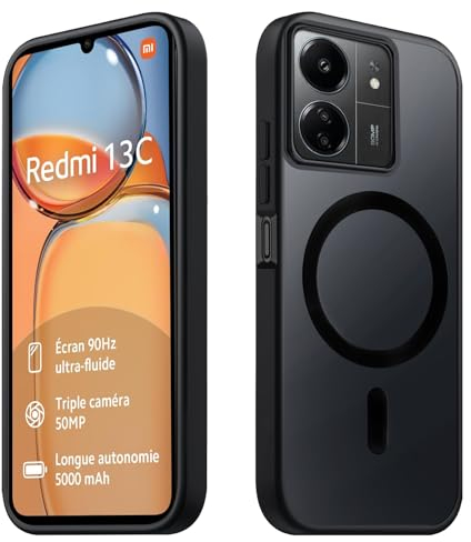 Tawarror Coque Magnétique pour Xiaomi Redmi 13C, Translucide Mat Étui pour Redmi 13C Housse Arrière Rigide PC Anti Rayures TPU Anti-Chutes Antichoc Anti-Empreintes Digitales Protection Case, Noir