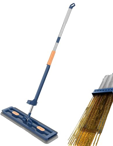 Mopa plana grande, fregona plana con juego de escurridor, giratorio 360 grados, con 2 almohadillas de microfibra lavables, mango largo ajustable de acero inoxidable, mopa de microfibra para el suelo