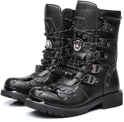 Uomo Stivali Da Equitazione, Steampunk Moda Lace up PU Pelle Stivali Cavaliere, Heavy Metal Stivali Militari Stivali Da Combattimento per Outdoor (Black,39)