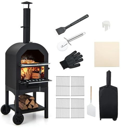GOPLUS 2 in 1 Pizzaofen outdoor, Gartenofen mit Pizzaschieber Pizzastein Grillroste Thermometer & wasserdichte Abdeckung, mobiler Holzofen Garten mit Griff, Rädern für Party Camping Picknick BBQ
