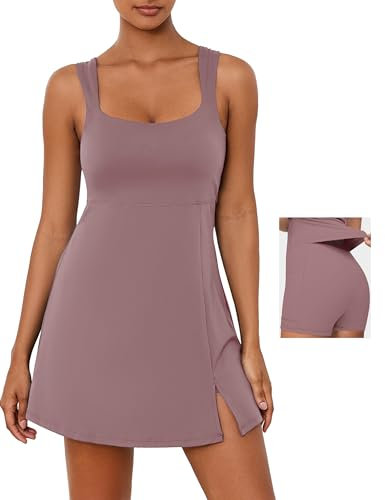 Desol Abito da tennis donna con pantaloncini e reggiseno integrati, spalline regolabili, abiti sportivi da donna, abito da allenamento con tasche, abbigliamento sportivo da golf, Lilla, L