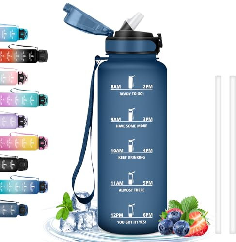 Botella 1.5 Litros, Botella Agua con Pajita, Botella Agua Gimnasio con Marca de Tiempo, Botella Reutilizable a Prueba de Fugas, Botella Agua Grande, Cantimplora para Senderismo, Deporte, Azul marino