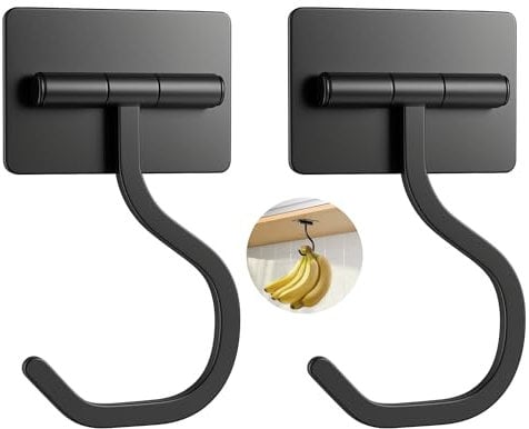 bussdis Short Banana Hook Under Cabinet - 2 Pack Adhesive Banana Hanger Under Counter, Metal Banana Holder Stand for Hanging Bananas or Kitchen Utensil, Keeps Bananas Fresh, Black