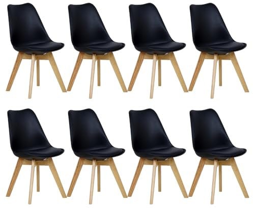 WOLTU Esszimmerstühle 8er Set, Skandinavische Küchenstühle, Retro Design, Sitzfläche aus Kunstleder, mit Massivholz Beinen, bis 150 kg belastbar, Schwarz