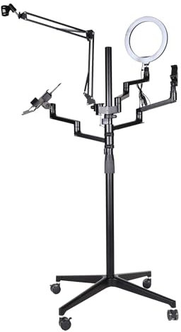 Wiltec 4 in 1 Stativ, Multifunktionales Kamerastativ mit Rollen, Ringlicht mit Fotostativ 3 Farbmodi, Mobile Halterung für Streaming Setup