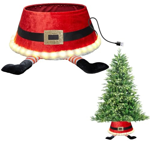 Base per albero di Natale a LED, 56 cm, illuminata, stile Babbo Natale, base di supporto per collare, tronco, cestino, anello per decorazioni per albero