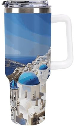 KLWQR 40 Oz Tumbler with Handle And Straw Lid Stainless Steel Insulated Coffee Cup Leakproof Travel Mug Santorini Greek Island Sea View Water Bottle, Car Cup Holder Friendly,Gifts for Women Men