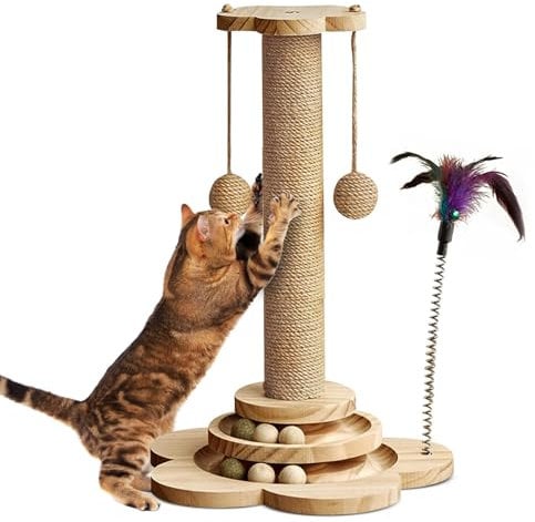 Cat Scratching Post with Natural Sisal - Sturdy Cat Scratcher for Indoor Smaller Cats, Kitten Toy with Scratching Posts, Play Platform & Toys, Easy Assembly, Space-Saving Design (45cm Tall)
