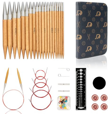 RUIDI Rundstricknadeln Set, Austauschbar mit Tasche & Zubehör, 10 Paare Rundstricknadel-Set (12cm) in Größen von 3,5 mm bis 10 mm (Buchenholz)