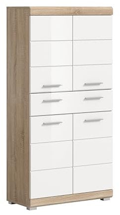 xonox.home Badezimmer Lambada Midischrank Kommode Badezimmerschrank breit in Front weiß Hochglanz Korpus Sonoma Eiche hell Nb., ca.74x141x31 cm