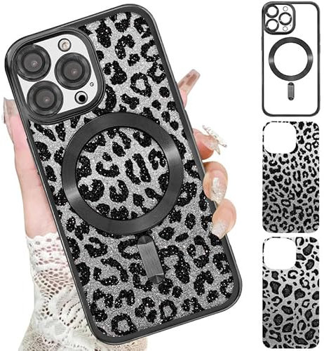 Xylota Magnetische Handyhülle für iPhone 14 Pro Max 6,7 Hülle mit 2 x Glitzer Karton, Aesthetic Leopard Muster Mädchen Case, Compatibel mit MagSafe, Weich Silikon TPU Stoßfeste Schutzhülle, Schwarz
