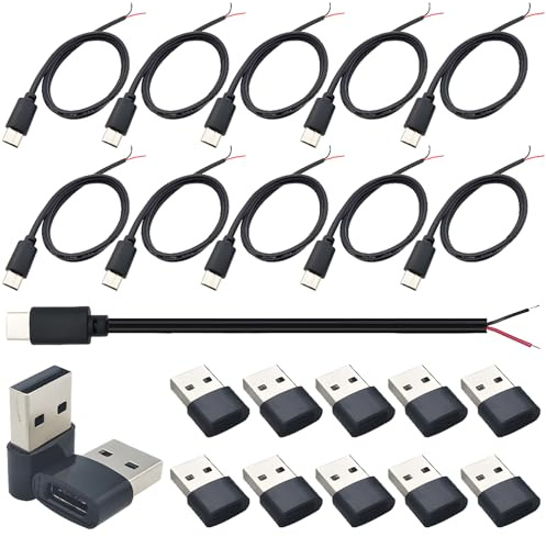 CESFONJER Typ C Stecker Blankdrahtkabel, DIY Pigtail Stromkabel mit offenem Ende, 0,5 m/1,6 Fuß, USB C Pigtail 2 adriges Kabel 22 AWG und Adapter 10er Set (nur zum Laden des Geräts)