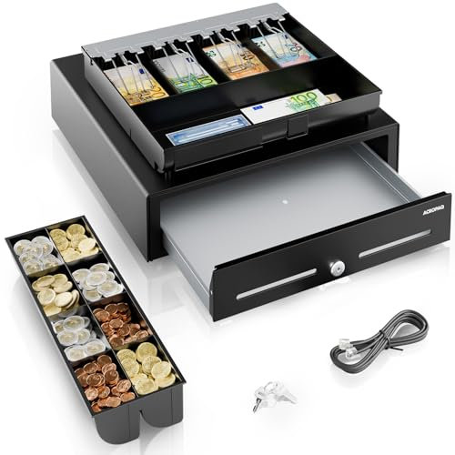 ACROPAQ Kassenschublade - Kassenlade kompatibel mit RJ11 Bondruckern, 8 Münz- & 4 Geldscheinfächern, Robustes Metallgehäuse (42 x 41 x 10 cm), Metallschublade mit entnehmbarem Einsatz - Kasse