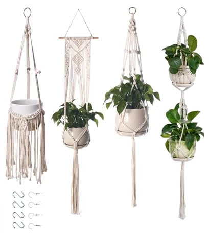 Makramee Blumenampel Hängend Innen, 4er Set Boho Deko Makramee Hängeampel mit Haken, Baumwollseil Blumentopf Hängend, Boho Zimmer Deko Aesthetic, Hängepflanzen Topf für Balkon Fenster Deko (Creme B)