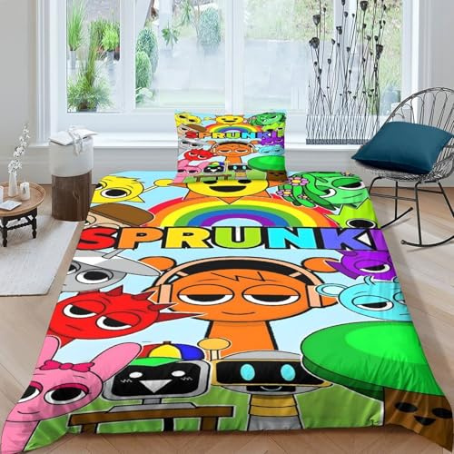 AYZOFCNDK Sprunki Bettbezug Set 3D Gedruckter Niedliches Cartoon-Spiel Mädchen Junge Kinder Bettwäschegarnitur Reissverschluss Und Kissenbezüge Weich Microfaser Bettwäsche 2 Teilig Single（135x200cm）