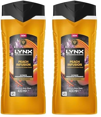 Lynx Fine Fragrance Collection Peach Infusion Premium Body Wash Body Cleanser shower gel with a peach, patchouli & amber scent for 12 hours of freshness 400 ml (Pack of 2)