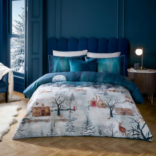 Paoletti Starlight Duvet Cover Set (Midnight Blue - Double) | Luxury 200 Thread Count Cotton Sateen Winter Village Piped Bedding