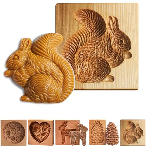 Wooden Cookie Moulds for Baking | Squirrel Shape Carved Reusable Beechwood Biscuit Press Stamp | Christmas, Halloween Gingerbread Decorations | DIY Shortbread Cake Craft Tool for Home Baking