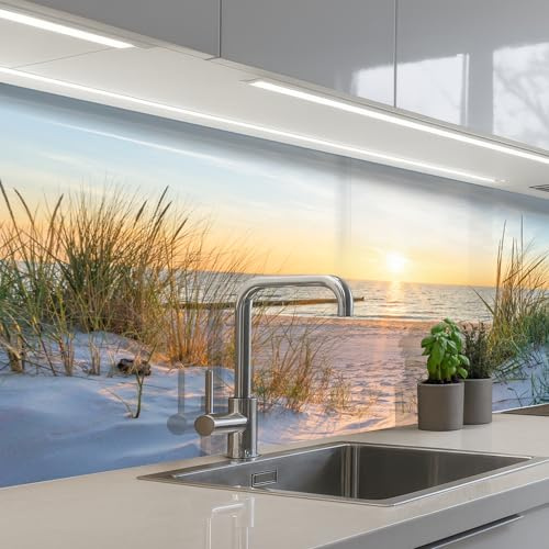 KitchenYeah© Küchenrückwand Selbstklebende Kitchen Wall Protector Küchen | 80x150 cm - Rückenwand Küchenfronten Küchenrückwände Küche Wand Strand - Sonne - Düne - Gras - Sand - Horizont