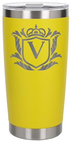 Customised Gifts 500ml Engraved Shield Initial Monogram Insulated Personalised Yellow Travel Mug for Men and Women - Personalised Initial Coffee Travel Mug for Hot and Cold Beverages, Letter V