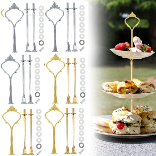 FIUTEKO 6 Stück etageren stangen Set,Vintage Etageren Bausatz bausatz etagen Etagerenhalter Mittellochausstech 2 bis 3 Etage Silber für Torte Cupcakes Macarons Donut und Obst