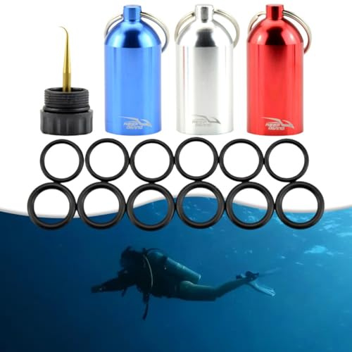 CashMuch Scuba Diving Cylinder Valve O-Ring Storage Bottle with 12 O-Rings, Aluminum Alloy Keychain for Diving Gear Organization, Blue/Red/Silver