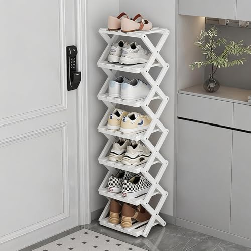 GIRYES Kleines Schuhregal, weiß, 7 Etagen, Bambus, faltbar, Schuh-Organizer, freistehendes Regal für Eingangsbereich, Schlafzimmer, Schrank, Wohnzimmerecke, keine Installation erforderlich