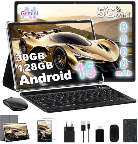 Dghrti Tablette 10 Android 15, 128Go, 8000mAh, Corps Métal - Gris | 30Go RAM, Octo-Core, BT5.0, Face ID, GPS, Widevine L1, 5+8MP, extensible 2To. Clavier + souris inclus.