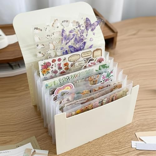 Sticker Aufbewahrung Organizer mit 7 Fächern, Stickeralbum Leer zum Sammeln, Aufbewahrungsbuch für Scrapbook, Journal und Nail Art, Organisieren und Aufräumen für Sticker, Fotokarten und Papier, Beige