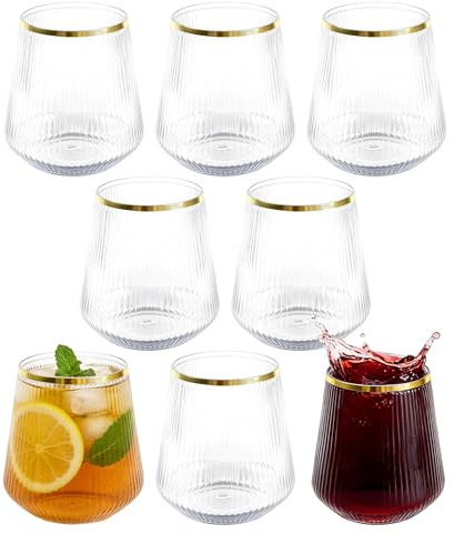 8 Pack 12oz Plastic Stemless Wine Glasses, Clear Ribbed Cups with Gold Rim | Reusable Drinking Glasses Tumbler for Cocktails & Champagnes, Suitable for Weddings, Parties, Catering