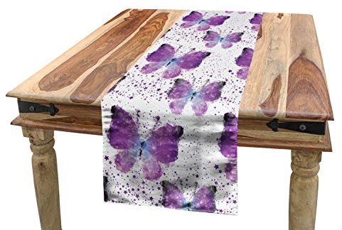 ABAKUHAUS Schmetterling Tischläufer, Moderne Poly Effect, Esszimmer Küche Rechteckiger Dekorativer Tischläufer, 40 x 225 cm, Hellblau Lila Weiß