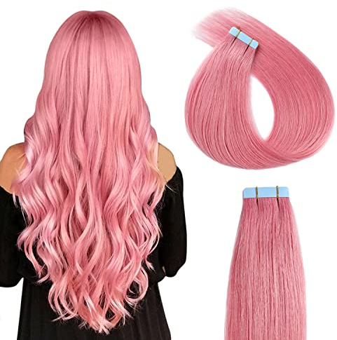 YILITE Tape Extensions Echthaar, Hot Pink 45cm 10 Stück/Packung 25g Tape in Extensions Echthaar Invisible Seidig Gerade Skin Weft Tape Ins Natürlich Erweiterungen (45cm #Hot Pink)