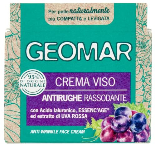 GEOMAR | Crema Viso Antirughe Rassodante, con Acido Ialuronico, ESSENC'AGE ed Estratto di Uva Rossa dell'Emilia Romagna, 95% di Origine Naturale, Made in Italy, 50 ml