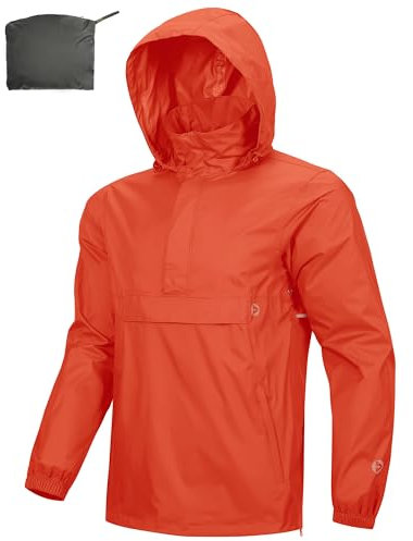 Outdoor Ventures Veste de pluie pour homme,Pull imperméable avec capuche,Veste réfléchissante,Veste légère,Veste coupe-vent respirante,Pour la randonnée, Rouge orange, XL